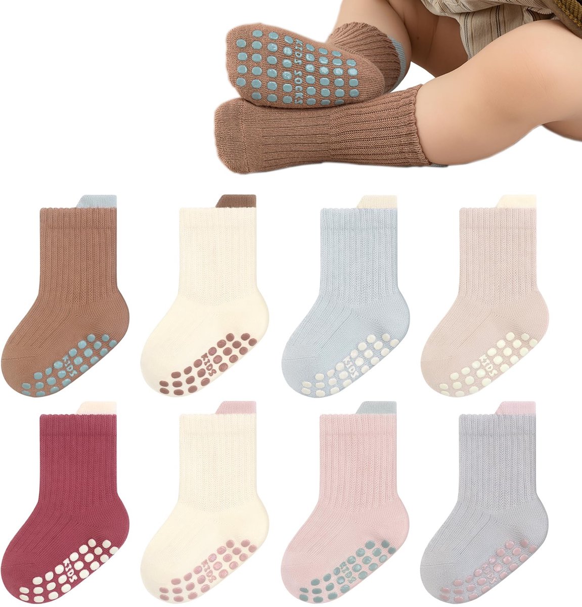 Dailygoods- Antislip Sokken Ademend - 8 Paar Peuter Sokken - Gripsokken Baby Jongens/Meisjes - Katoen/Polyester - Huidvriendelijke Pasvorm - Babysokken