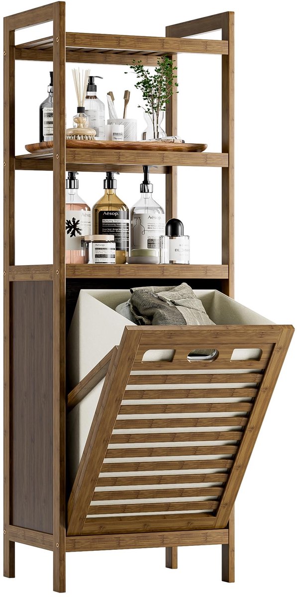 Dailygoods- Wasmandkast met verwijderbare mand - Bamboe opbergkast - Ruimtebesparende badkamerkast - Multifunctioneel opbergproduct - Handvatten voor eenvoudig verplaatsen - Stijlvol design en functionaliteit