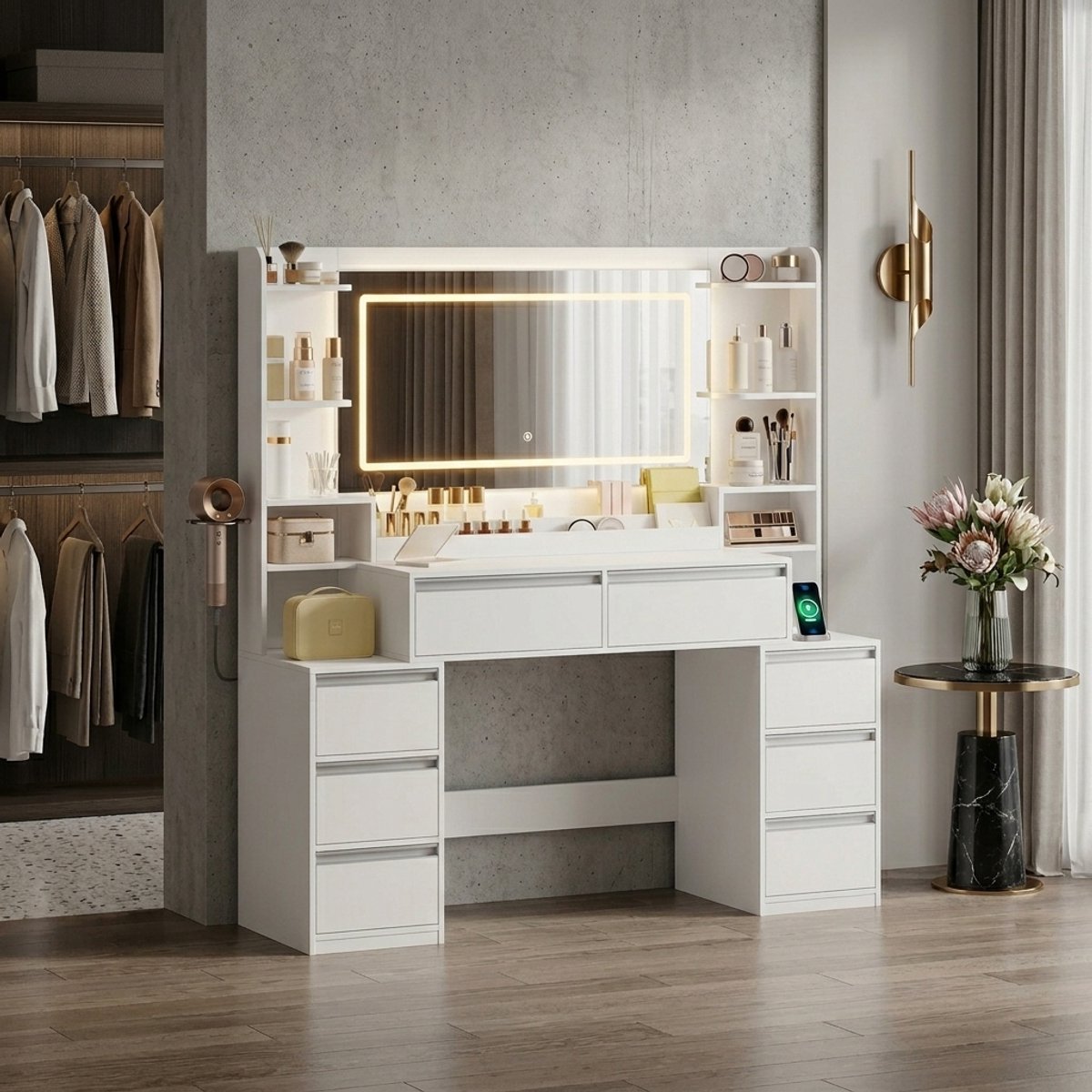 Luxe XL Make-uptafel met Grote Spiegel – Kaptafel Wit-Zilver 135 cm met 8 Laden, Open Opbergvakken en Haardrogerhouder – Moderne Dressing Table voor Slaapkamer (135 × 40 × 145,2 cm) Medahomestore