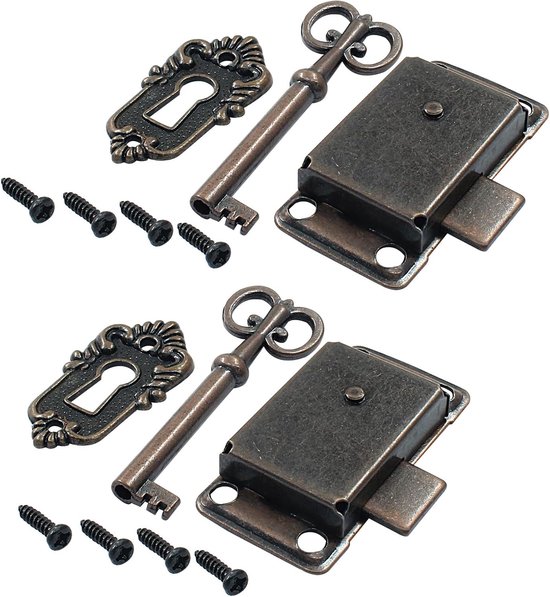Meubelsloten - 2 stuks - Vintage antieke sloten - ladesloten - Metaal - Antiek meubelslot - Antieke decoratieve sloten - Met sleutel en schroeven - Geschikt voor kledingkasten, kasten, laden, dozen - 53*27 mm