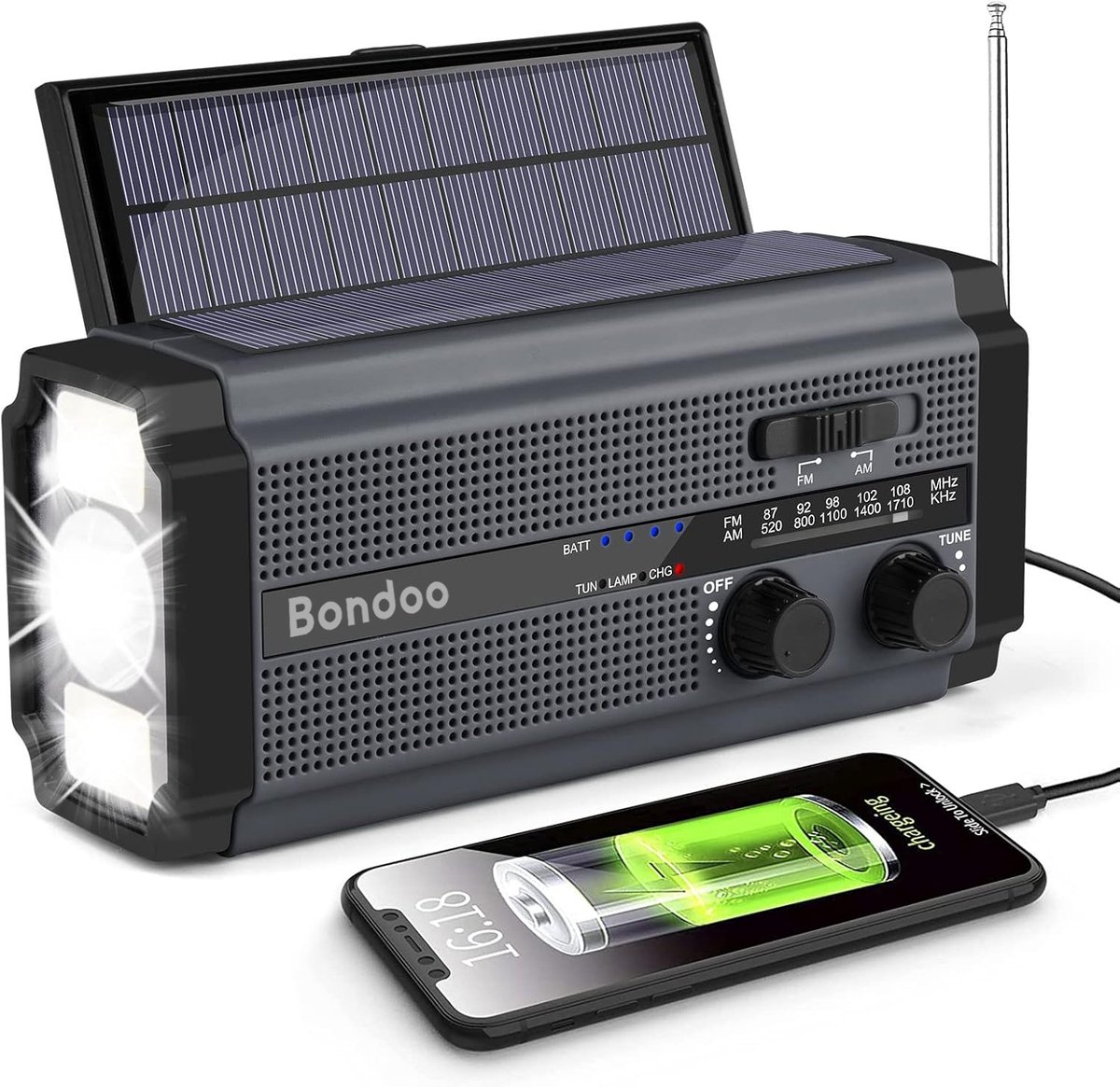 Bondoo Noodradio 5000 mAh – Noodradio solar opwindbaar - Noodradio op batterijen - Noodradio opwindbaar en batterij - Radio noodpakket - Draagbare radio – Noodradio DAB+ - Powerbank zonneenergie - Zwart
