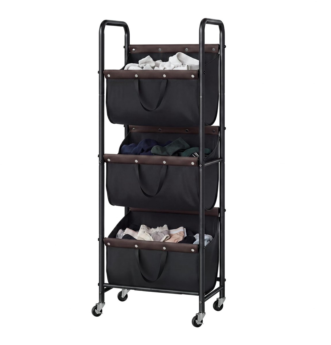 Dailygoods- Wasmand 3 Vakken met Wielen - Wassorteerder - Wasmand met Deksel - Organisatie - Opslag - Zwart - Wasruimteorganizer