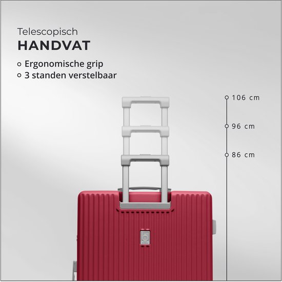Detail van de telescopische handgreep van een rode koffer, instelbaar op 86, 96 of 106 cm.