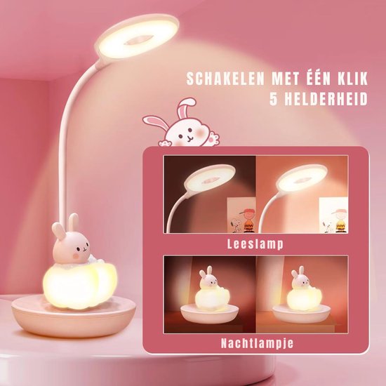 QORA® Bureaulamp Kinderkamer - Bureaulamp Roze - Tafellamp Kinderkamer - Roze - 11cm x 11cm x 37cm — afbeelding 3