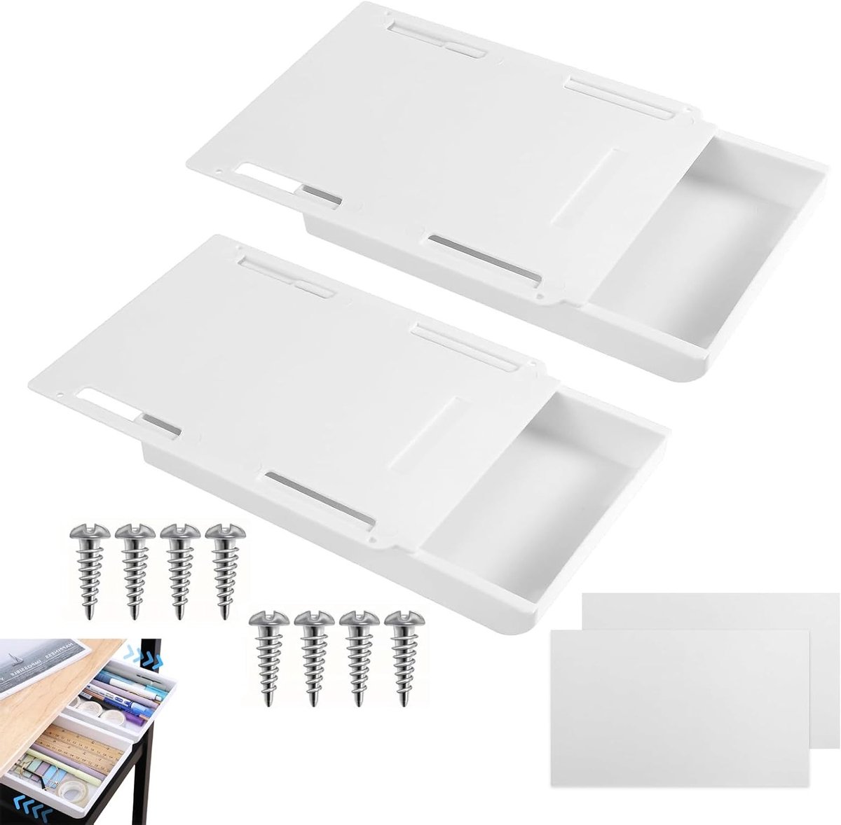 Onderbouw Lade Organizer Set van 2, Zelfklevende Lade voor Bureau, Verbeter je Werkplek en Opbergruimte (Wit)