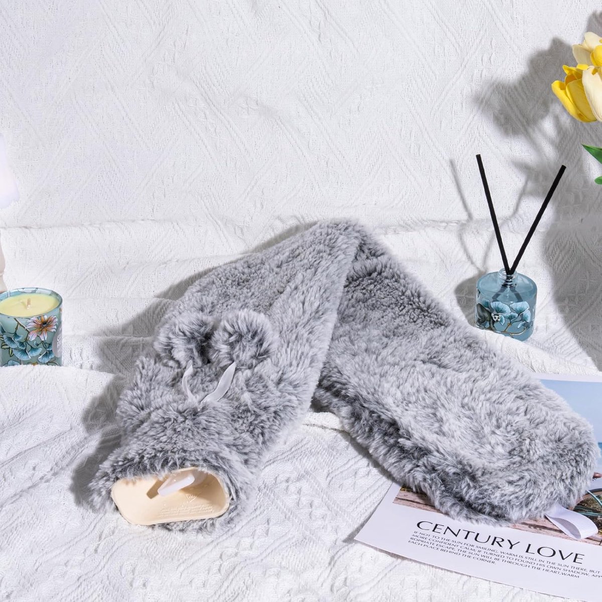 SnelShoppen - Extra lange warmwaterkruik met hoes 73 cm, lekvrij, grijs, pluizige bedflessenhoes, veterontwerp, voor nek, taille, buik, rug, ideaal vo