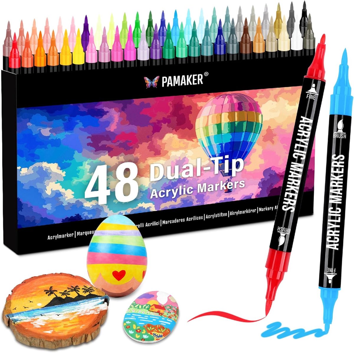SnelShoppen - 48 Kleuren Acrylstiften Set - Acrylmarkers met Fijne Punt en Penseel voor Stof, Canvas, Glas, Hout en Papier - Perfect voor Tekenen en D