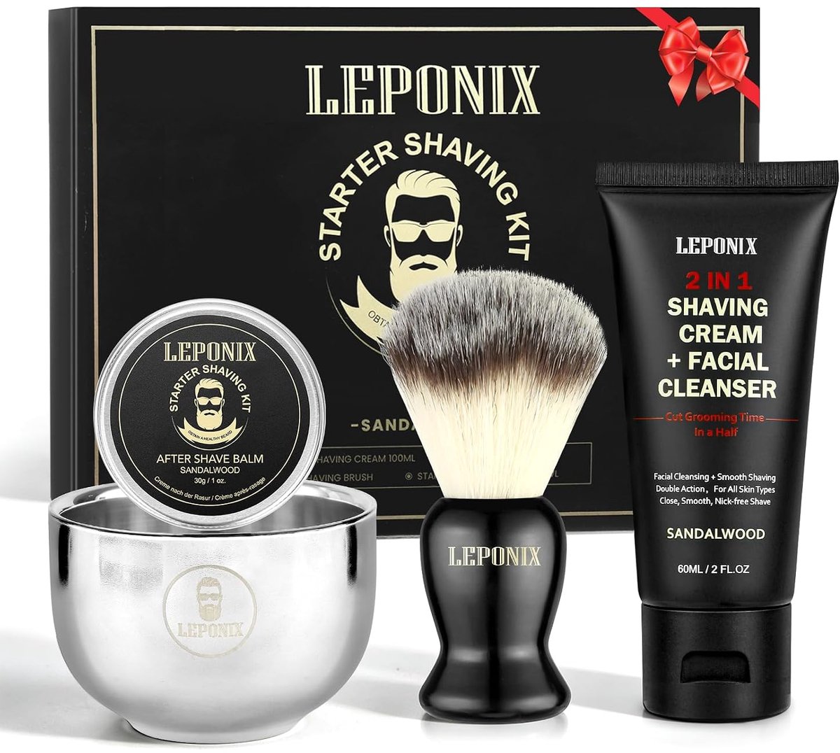LEPONIX 4-delige herenscheerset met scheerkwast en kom - sandelhout - ShopVlot