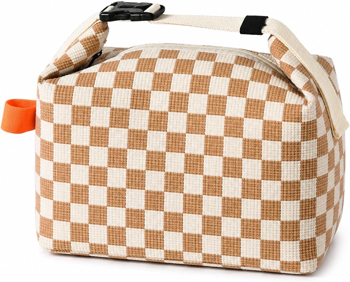 Kleine geïsoleerde lunchtas voor dames – van corduroy – inhoud 7 liter – thermisch en ademend – water- en vlekbestendig – verstelbaar handvat – geschikt voor picknicks, werk, school, enz. – ruitpatroon in koffietinten