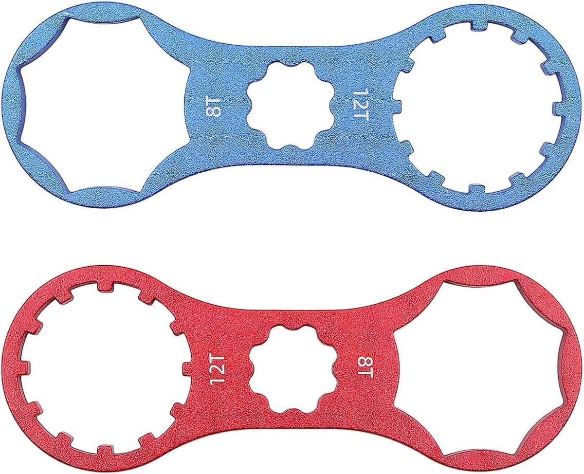 Set van 2 Mountainbike Voorvork Doppen Sleutels, Fiets Voorvork Reparatietool Geschikt voor Diverse Modellen - Rood en Blauw, Ideaal voor Fietsers en Onderhoud