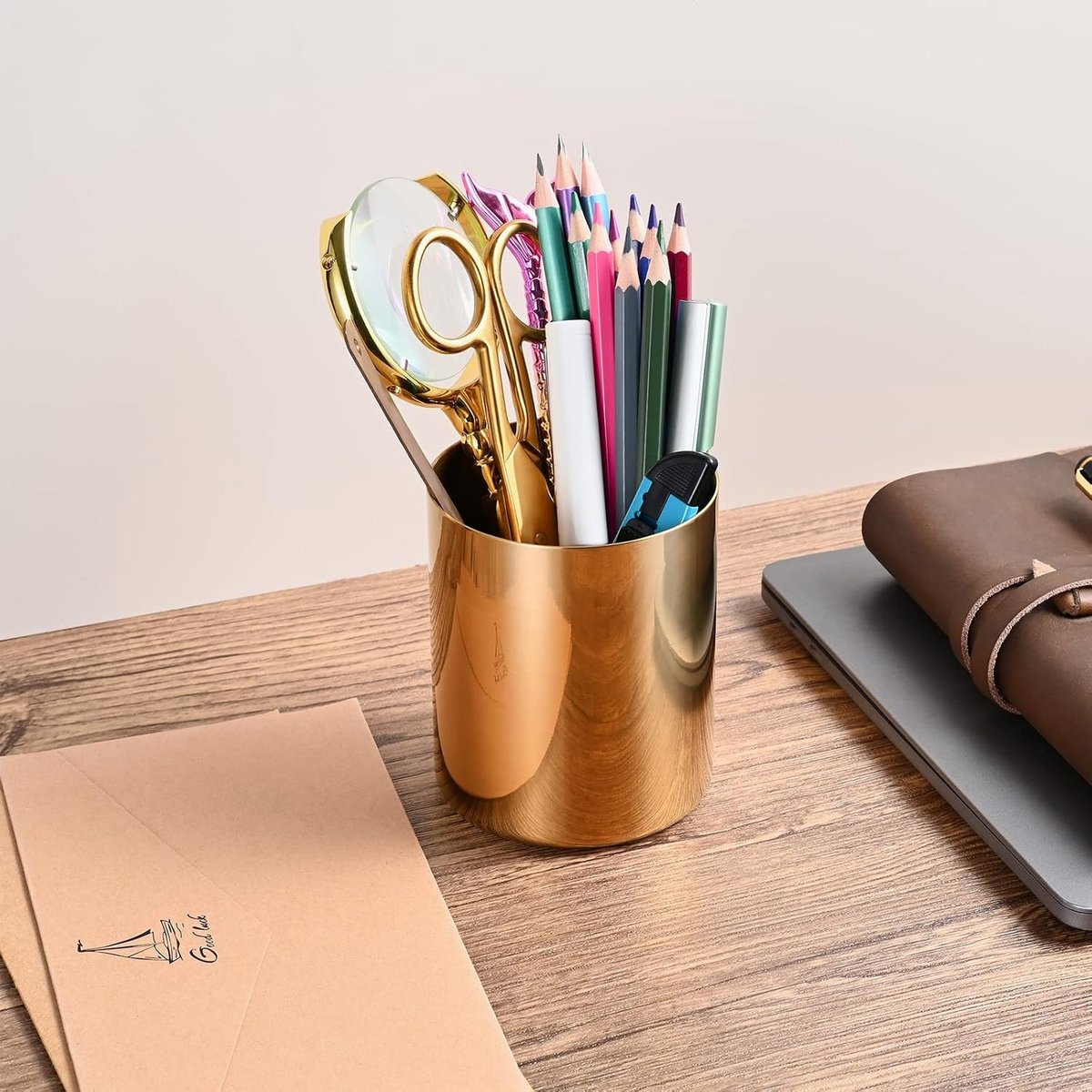 Set van 2 Ronde Penhouders van Roestvrijstaal, Lichtbestendig en Vacuüm Gecoat - Nordic Stijl voor Bureau, Kantoorbenodigdheden en Make-up Penselen