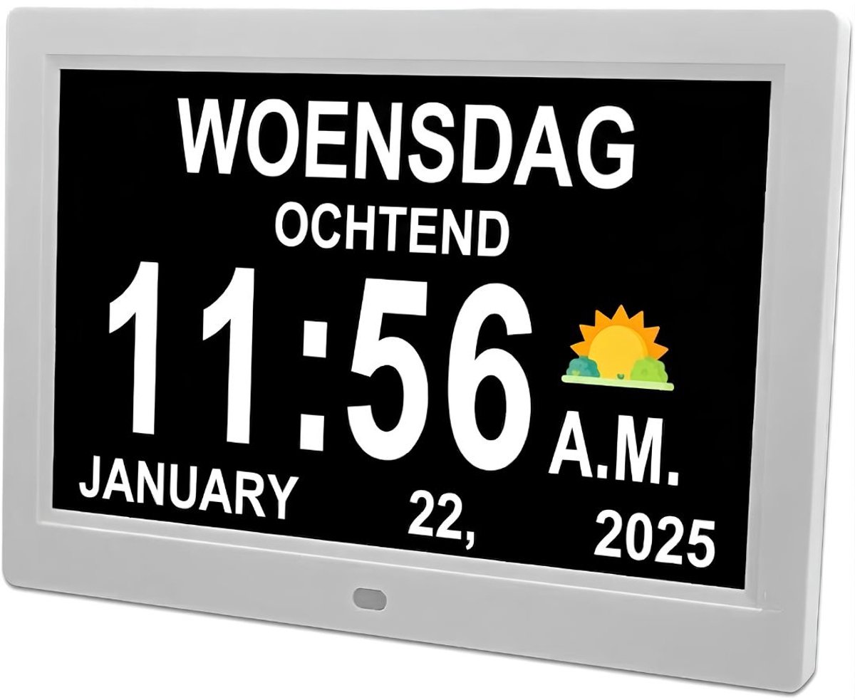 JCP® Dementieklok - 7 inch Digitale LCD Klok - Automatische Dimfunctie - Wit - 25cm x 18cm x 3cm