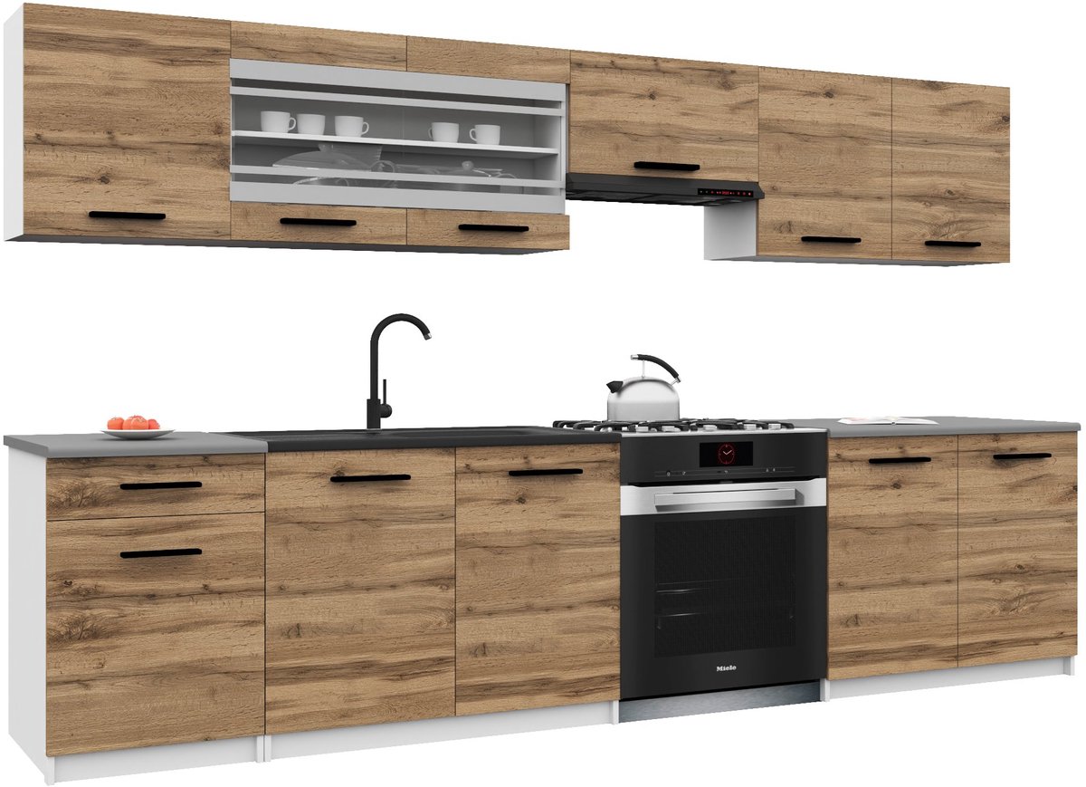 BELINI Keukenblok ITALIA 4 - Keukenmeubel Set 260 cm Goudbruin met Werkbladen - Boven- en Onderkasten
