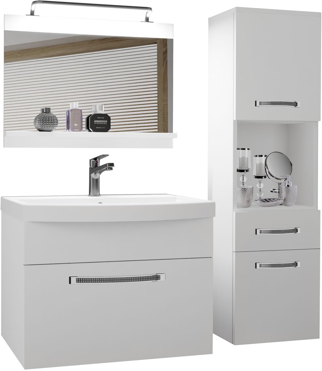 BELINI Badkamermeubel Set GLA M 3 - Badmeubelset 100 cm Wit Mat met Wastafel, Spiegel en LED Lamp - Wandmontage