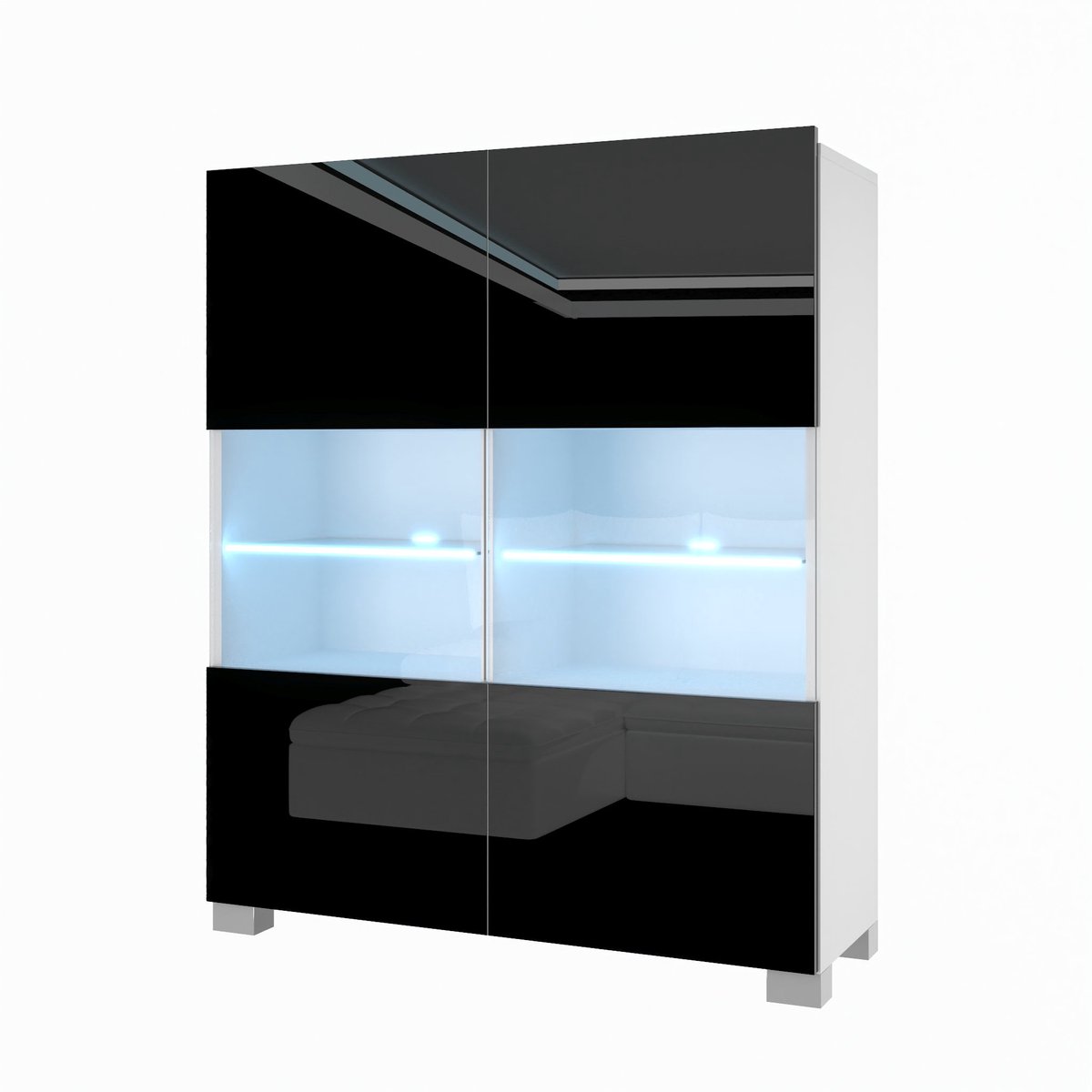 BELINI Vitrinekast met LED-verlichting - Hoge Kast Zwart - Greeploos Woonkamermeubel met Zacht Sluitend Systeem - Modulair Design