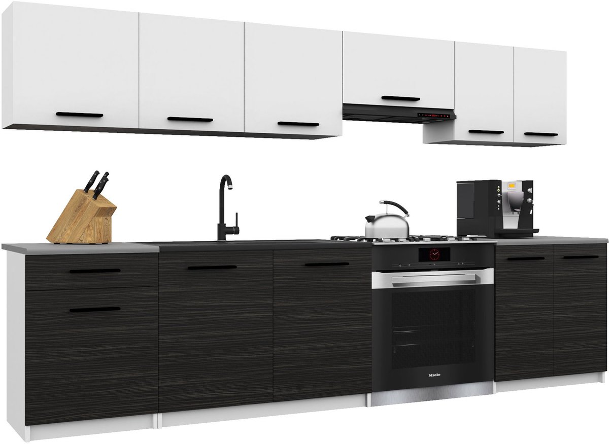 BELINI Keukenblok ITALIA 2 - Keukenmeubel Set 240 cm Wit-Ebbenhout Mat met Werkbladen - Boven- en Onderkasten
