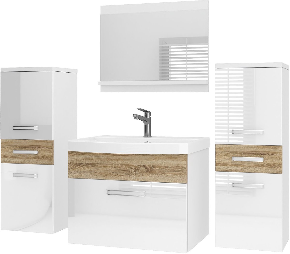 BELINI Badkamermeubel Set PRI PM4 - Badmeubelset 120 cm Wit/Sonoma Eiken Hoogglans met Wastafel en Spiegel - Wandmontage