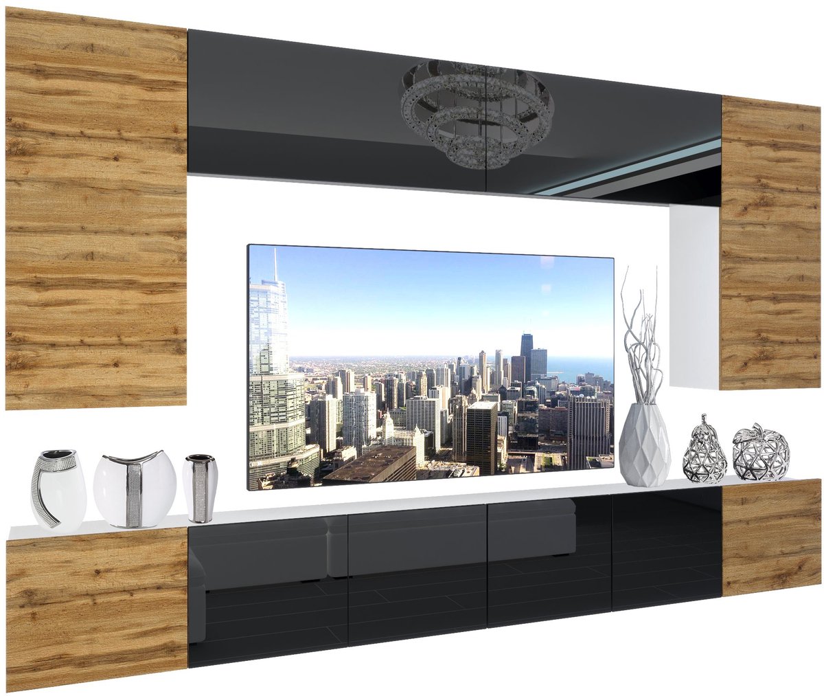 BELINI Wandmeubel NEX 2 - TV-Wandkast Set met LED-Verlichting Wotan Eiken / Zwart - Hoogglans Fronten