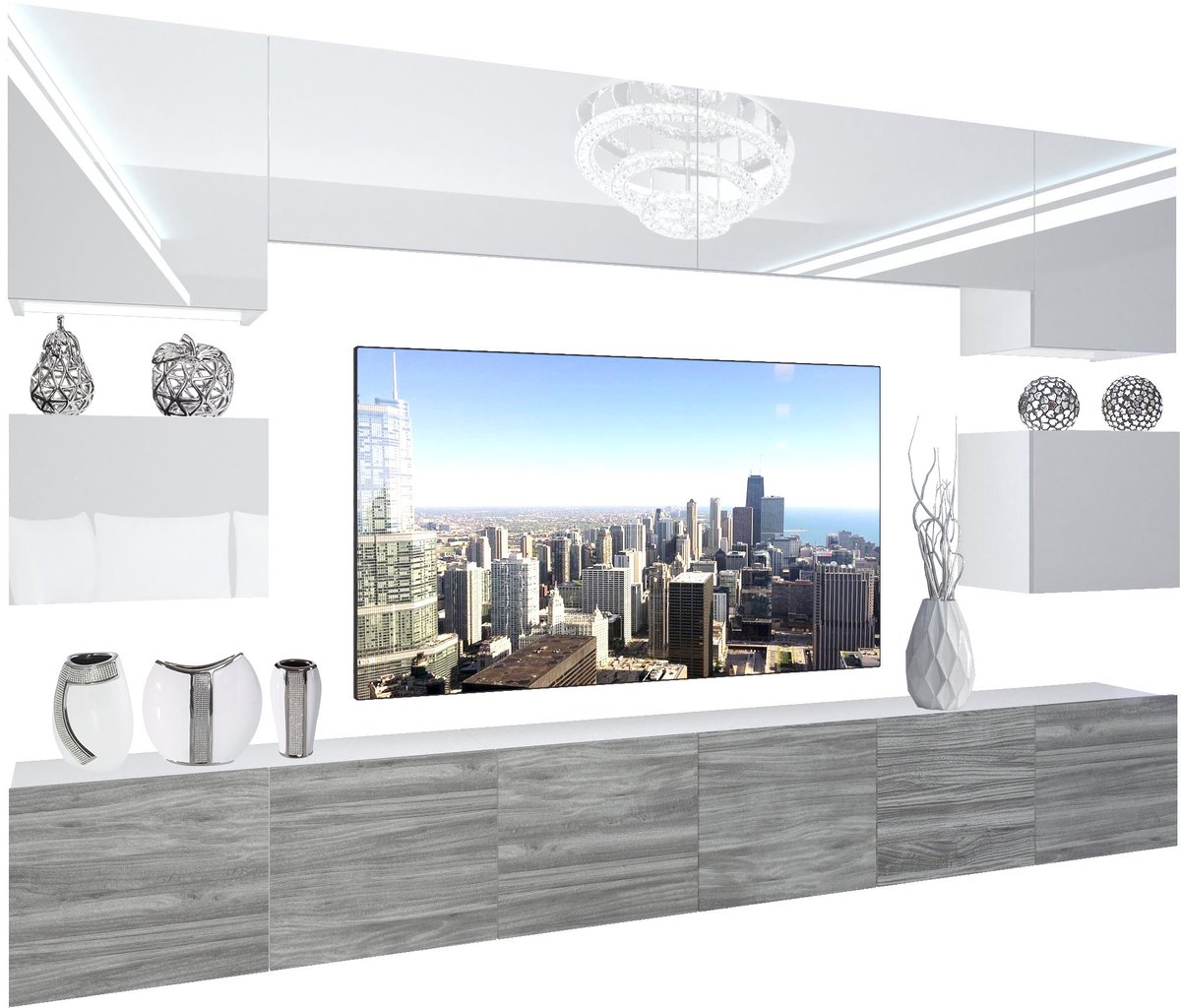 BELINI Wandmeubel NEX 3 - TV-Wandkast Set met LED-Verlichting Wit / Glamour Hout - Hoogglans Fronten