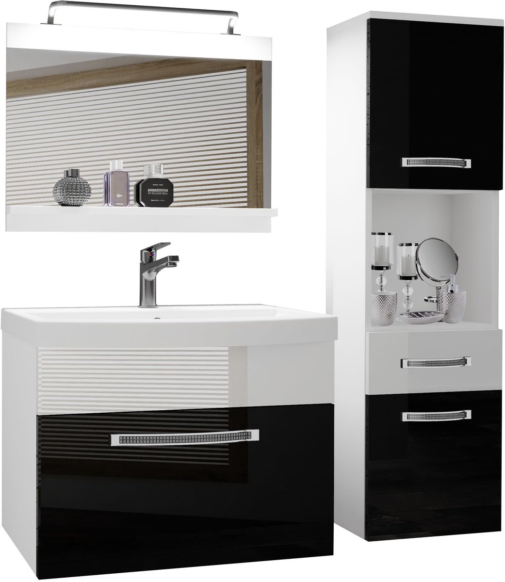 BELINI Badkamermeubel Set GLA P 3 - Badmeubelset 100 cm Zwart Wit Hoogglans met Wastafel, Spiegel en LED Lamp - Wandmontage