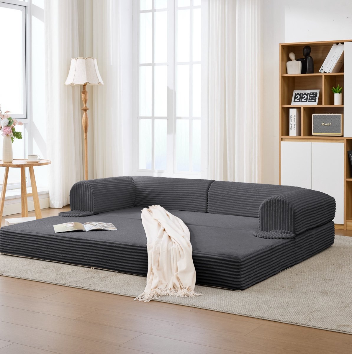 OKWISH Bank Set 1-Zits En 2-Zits 190 x 78 x 65 cm - Modulaire Bodembank Zonder Frame Met Afneembare Hoes - Ribcord - Grijs