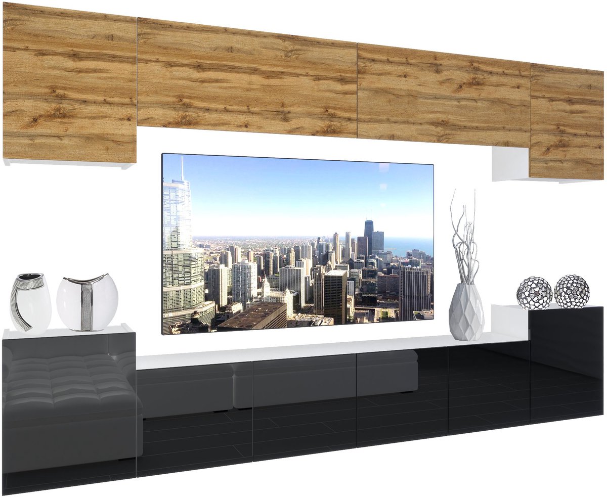 BELINI Wandmeubel NEX 4 - TV-Wandkast Set met LED-Verlichting Wotan Eiken / Zwart - Hoogglans Fronten