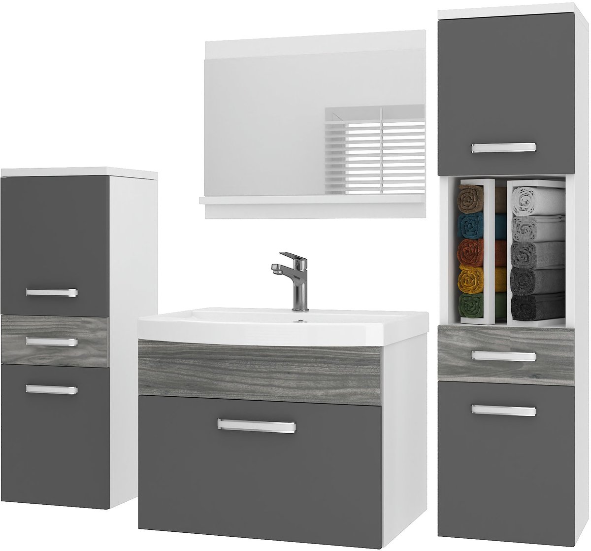BELINI Badkamermeubel Set PRI PM5 - Badmeubelset 120 cm Grijs Glamour Hoogglans met Wastafel en Spiegel - Wandmontage