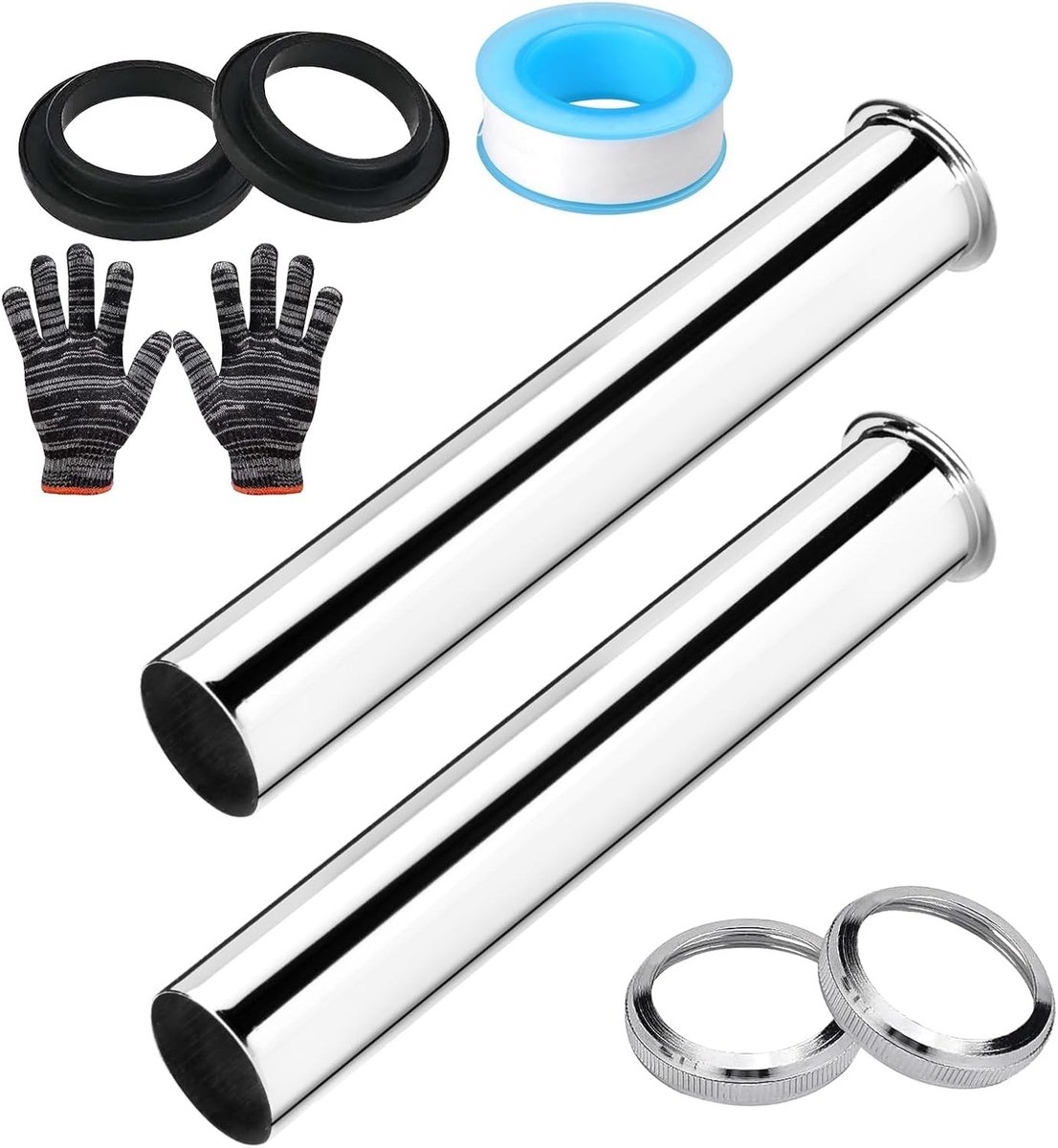 Verstelbare RVS Dompelbuis 300 mm met Afdichtringen en Moer voor Afvoer, 1 1/4 Inch x 32 mm, Set van 2 - Ideaal voor Wasbak en Afvoersystemen