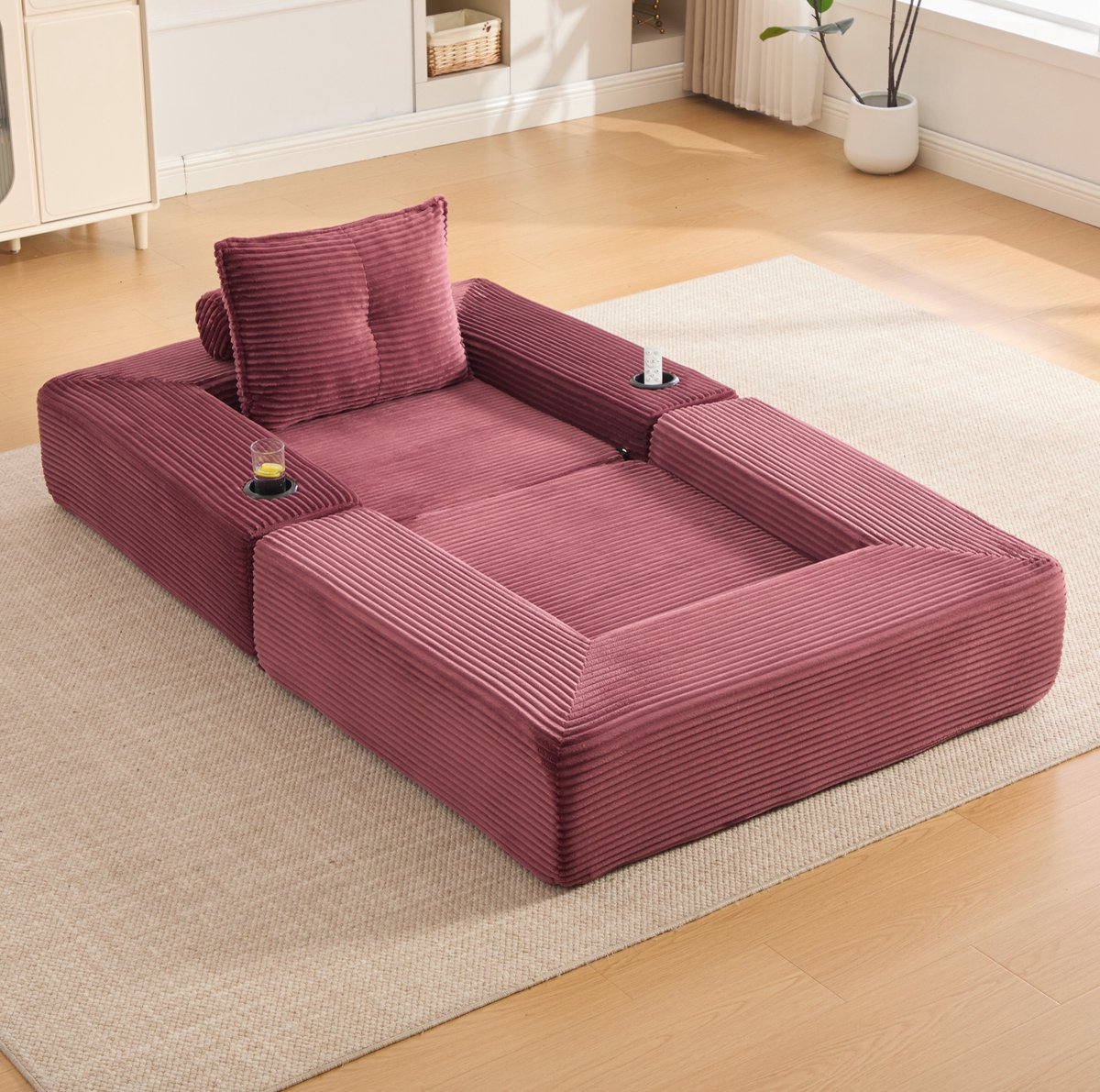 OKWISH Slaapbank 122 x 98 x 80 cm - 1-Zits Uitklapbare Bank Met Zijvak En Drinkhouder - Voor Woonkamer Of Appartement - Cordstof - Wijnrood