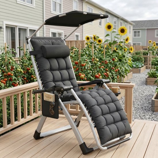 North Collective Ligstoel met Zonnescherm en Kussen - Verstelbare Tuinstoel - Camping Stoel - Verstelbaar met Bekerhouder - Zwart van north — afbeelding 3