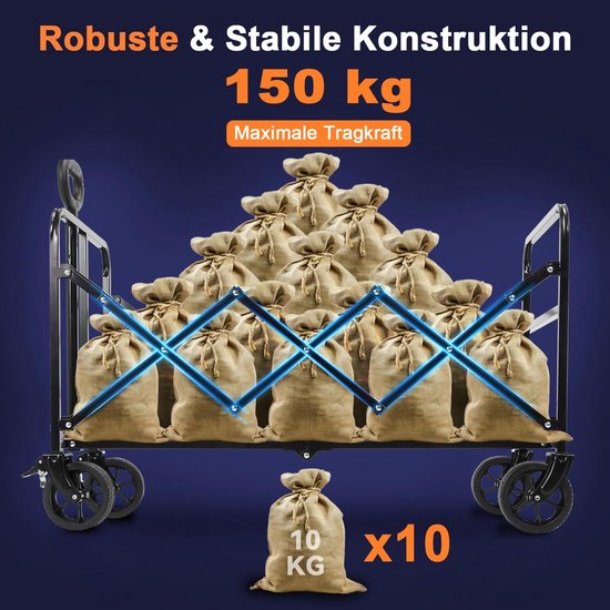 SnelShoppen - Opvouwbare Bolderkar Handwagen 150L Draagkracht 150kg Verstelbare Handgreep Offroad-wielen Voor Camping Tuin Outdoor 94x43x42 cm van Snelshoppen — afbeelding 2