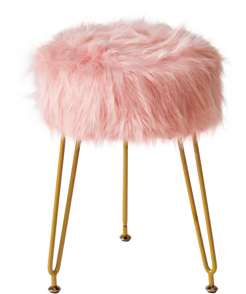 Make-up kruk - Ronde poef - Comfortabel zitten - Zachte kunstbont - 32x32x44 cm - Roze
