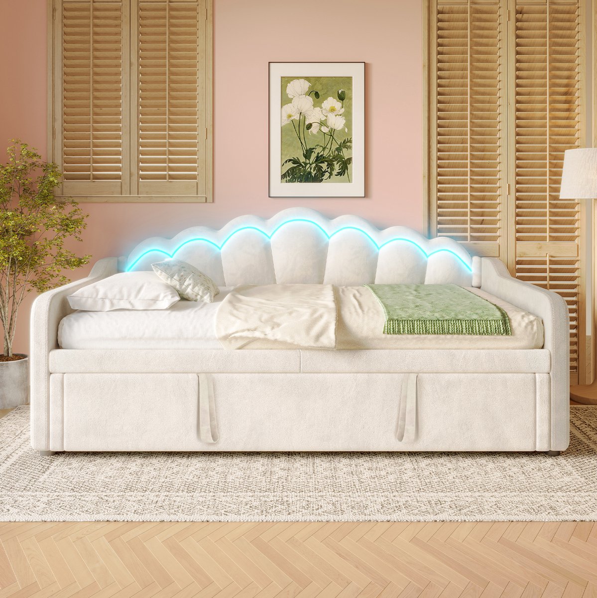Tagesbed Met Uitrekbaar Bed En LED Verlichting – Slaapbank Met Golfvormig Hoofdbord – Opbergfunctie – Voor Volwassenen – Samt En MDF – Zonder Matras – Beige