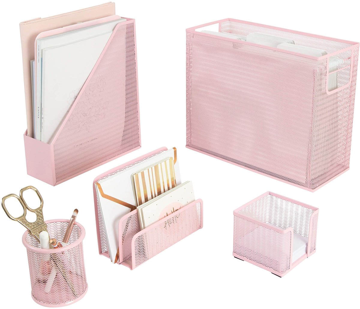 SnelShoppen - Roze Bureau Organizer Set - 5-delige Bureautop Accessoires voor Vrouwen - Inclusief Hangende Bestandsorganizer - Perfect voor Kantoor en