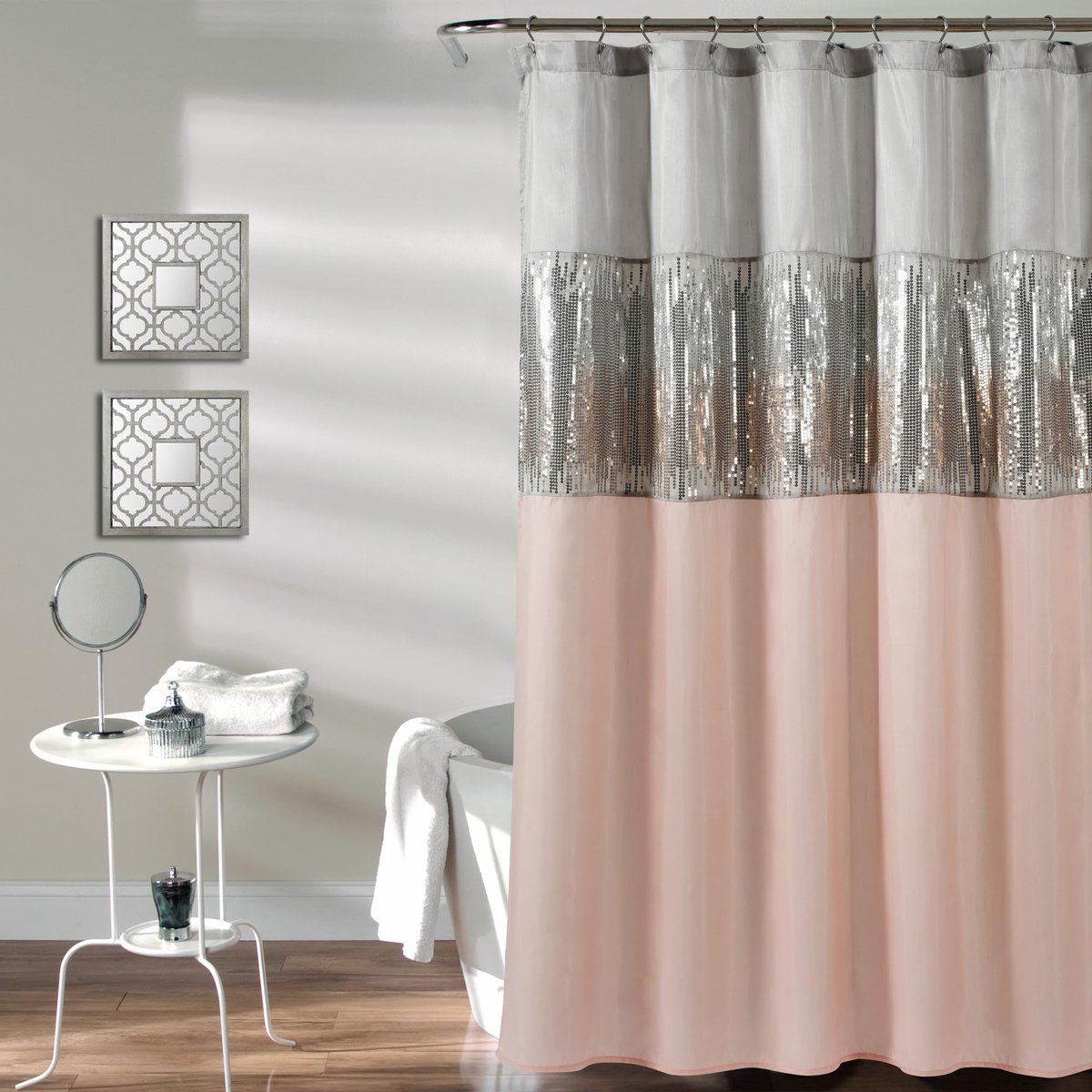 SnelShoppen - Luxe douchegordijn met pailletten, 72 inch x 72 inch, grijs en blos, ideaal voor moderne badkamers, chique uitstraling, faux zijde