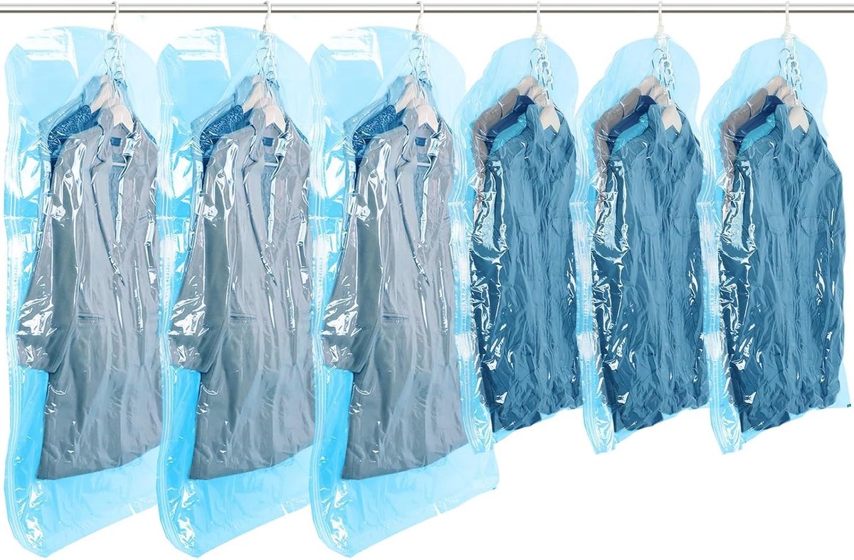 Vacuümzakken voor kleding - Hangend met kleerhaken - Ruimtebesparend voor jassen, pakken en jurken - Voor thuis en op reis - 6 stuks