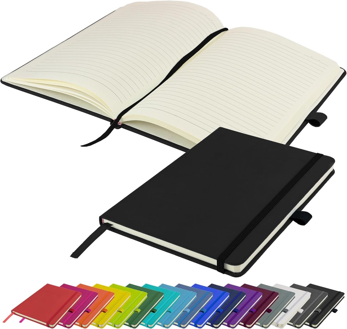 SnelShoppen - A5 Notitieboek Lined Hardcover Dagboek met Penlus, Elastische Sluiting en Pagina Marker voor Notities, Schrijven, Journaling (Zwart)