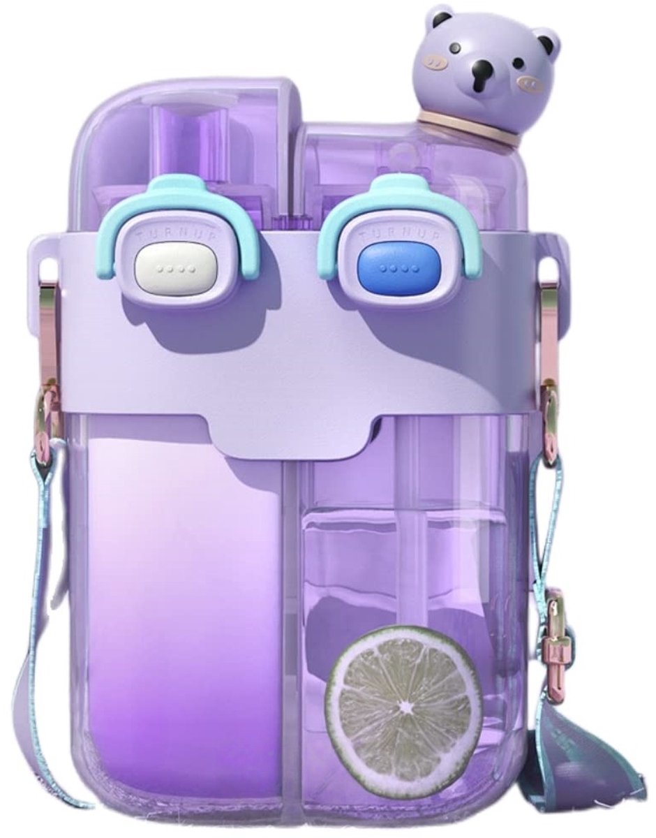 QTTVBTNA -Kawaii Waterfles - Schattige Creatieve Fles - Drinkbus - 750 ml Capaciteit - Twee Manieren Om Te Drinken - BPA-Vrij Kunststof - Lekvrij Ontwerp - Ideaal Voor Onderweg - 1 Stuk - Paars