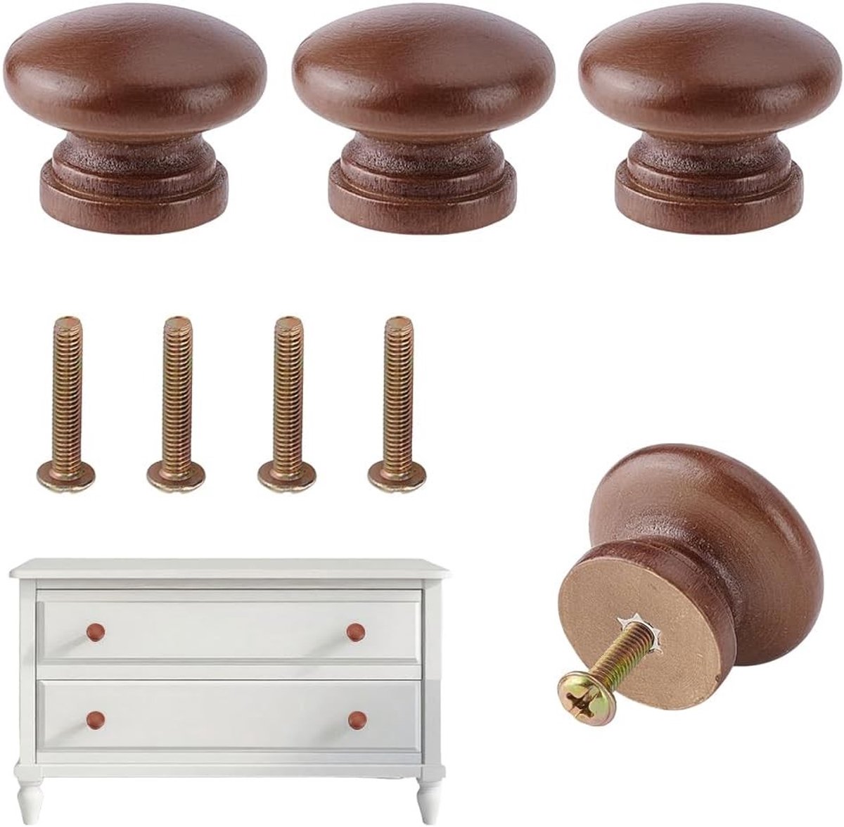 Ronde Houten Knoppen Set van 4, 33mm Paddenstoelvormige Knoppen voor Keukenmeubels, Laden en Kasten in Bruin