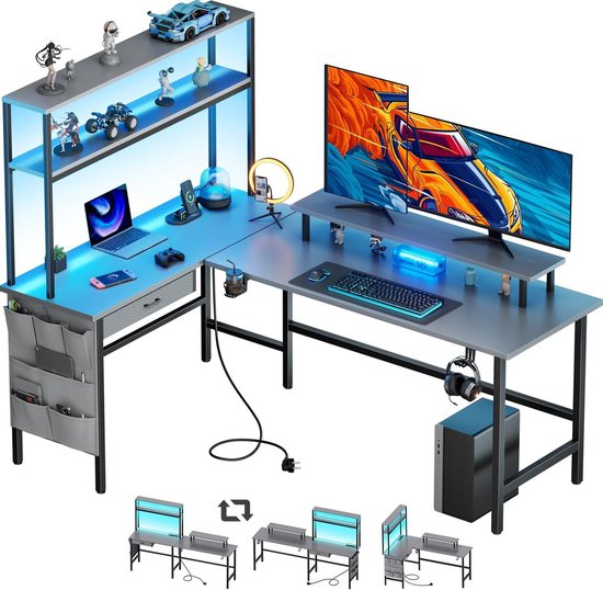 Gaming Bureau - Hoekbureau Bureau - Werk en Gaming - Geïntegreerde Sockets - 150 x 100 cm - Grijs — afbeelding 2