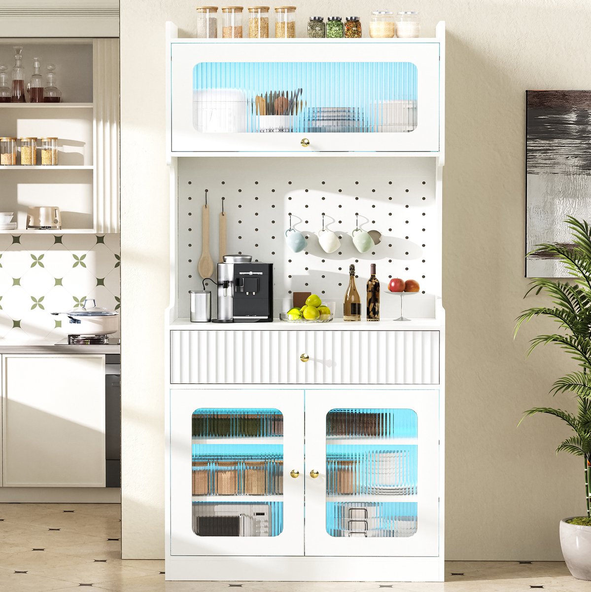 COVREO Buffetkast met LED-verlichting – Keukenkast met ribbelglas en lade – Opbergkast voor eetkamer – 80x40x180 cm – Wit