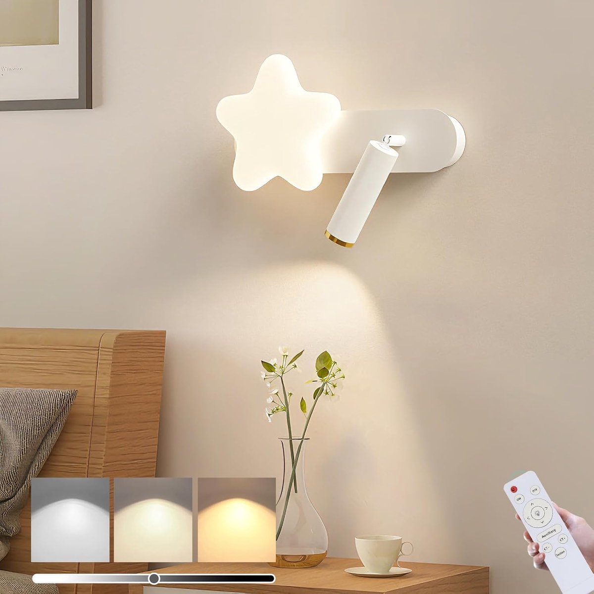 LED Wandlamp voor Binnen Dimbaar Wandlamp met Afstandsbediening 360° Draaibaar Nachtlampje Leeslamp voor Kinderen Moderne Leeslamp Wandverlichting voor Slaapkamer, Woonkamer, Jongens, Meisjes