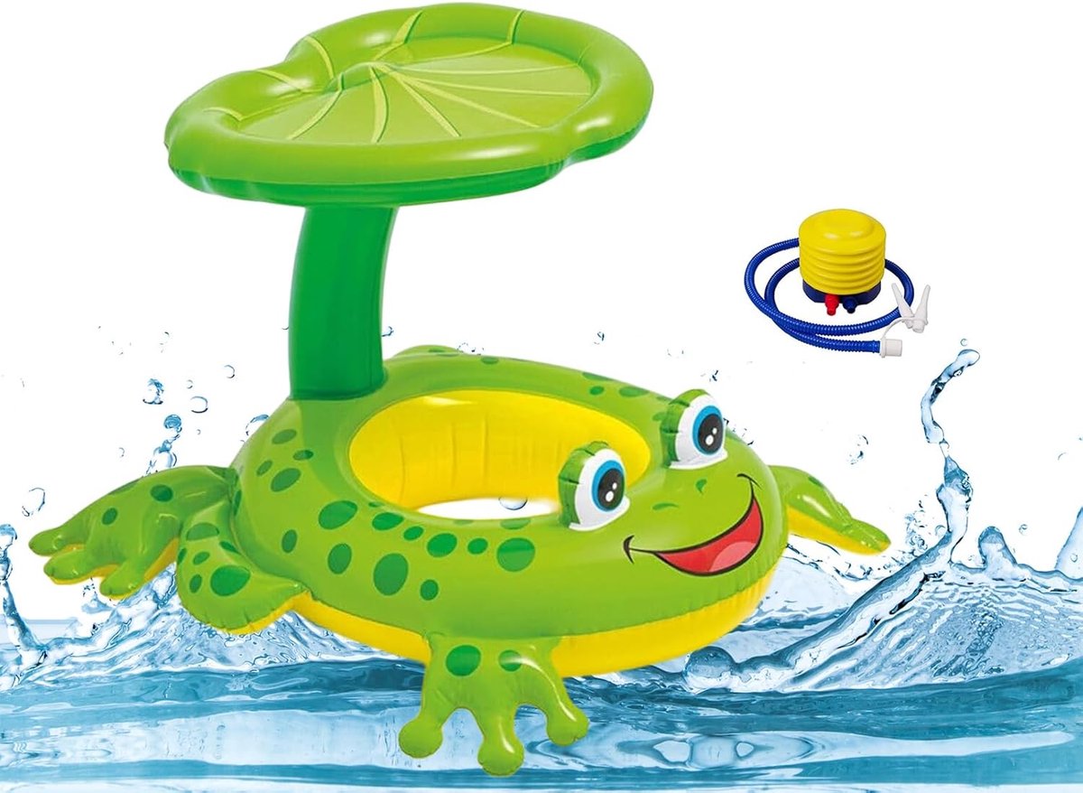 Baby Pool Floats with Removable Canopy, Toddler Pool Float for 6-36 Months, Inflatable Swim Ring with Foot Pump