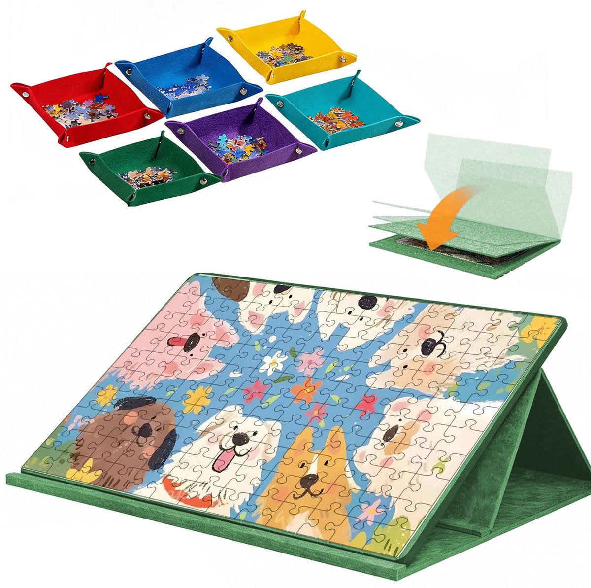 SnelShoppen - Puzzeltafel voor 1000 stukjes, kantelbaar puzzelbord met 2-in-1 standaard en afdekking, licht vilten puzzelplateau met 6 sorteervakken,