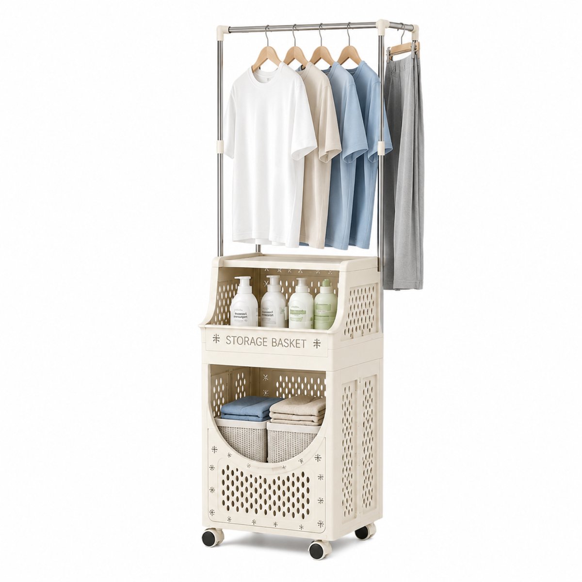 Noventra - Wasmand - met Kledingrek - Wasmand met Rek - Opvouwbare Wasmand - Waswagen met Wielen - Wasgoed Organizer - 3-Laags - Crème