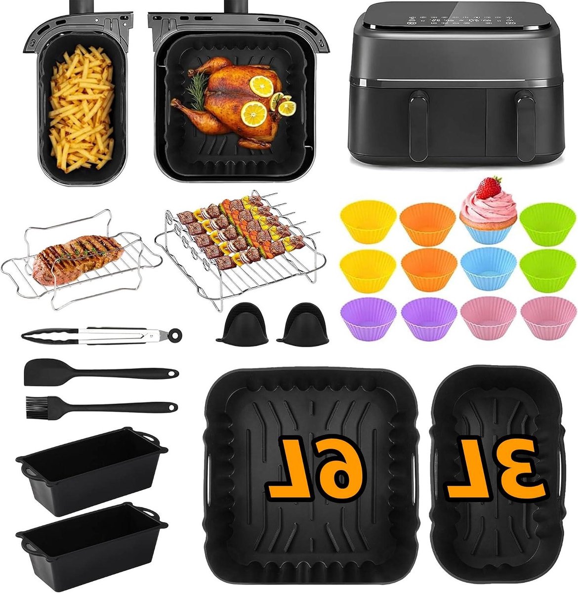 Airfryer Accessoires - Siliconen Vormen - Koken en Bakken - Herbruikbaar Set - 28 Delig - Zwart