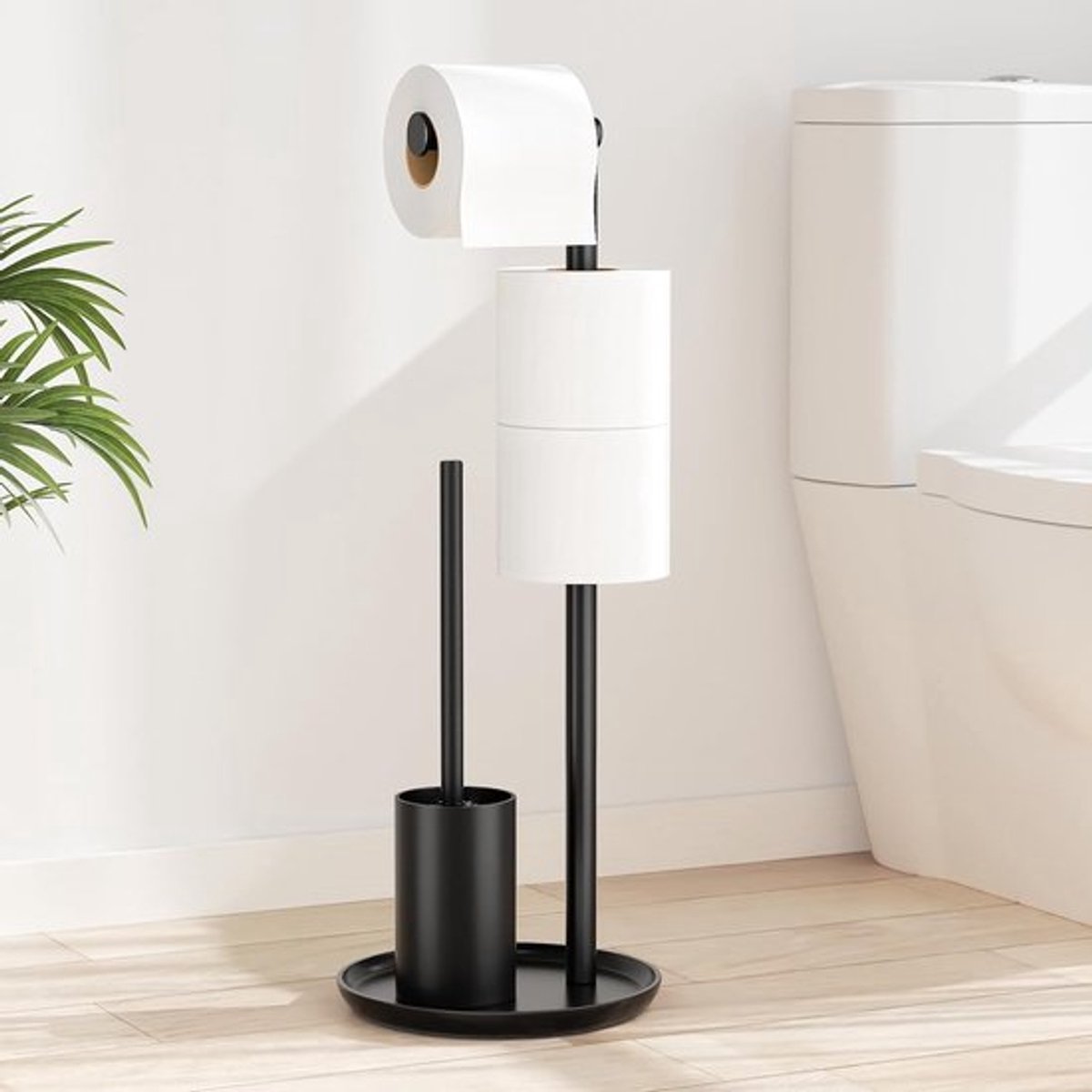 Toiletpapierhouder en Staande Toiletborstel Set in Zwart Mat - Modern en Duurzaam Ontwerp voor Jouw Badkamer