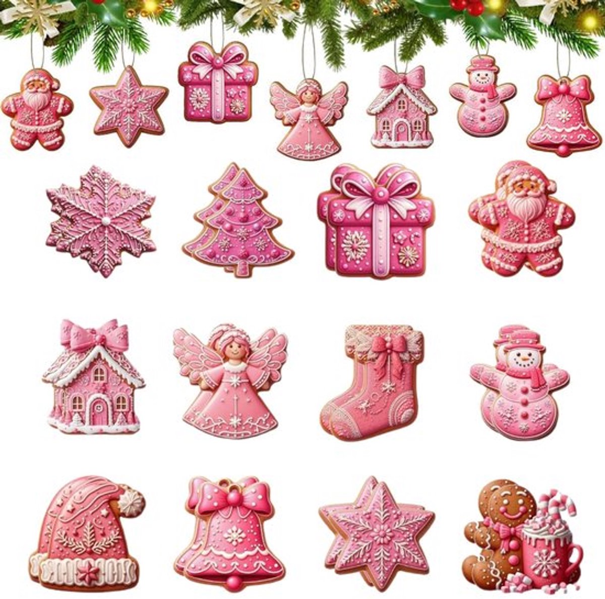 Kerstboomdecoratie 24 Stuks - Houten Ornamenten - Roze Versiering - Rendier/Bel/Engel/Ster - Rustieke Charme - Feestelijke Sfeer - Kerstversiering