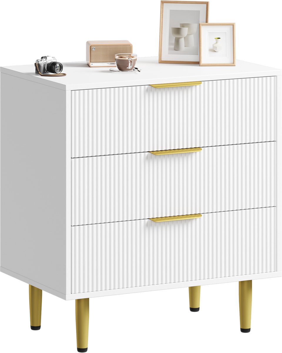 Geribbeld Modern Dressoir - Breed Houten Ladekast Met 3 Lades Metalen Handgrepen En Poten - Opbergkast Voor Slaapkamer, Hal En Woonkamer - Wit