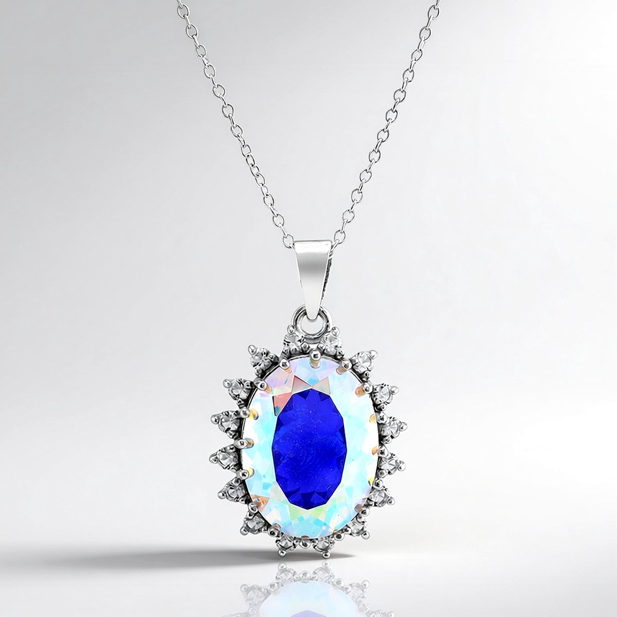 Cavill - Maanlichtkwarts Ketting 8,1 ct - 925 Sterling Zilver Rhodiumlaag - 16 Witte Topaas 0,85 ct - Ovaal Brazilië - Luxe Elegante Damesketting